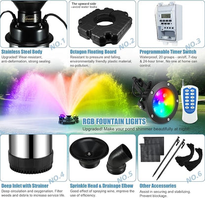 Goldlife Pond Fountain Aerator, F3 With 4 RGB Lights, 1HP 750W 110V Stainless Steel Floating Fountain With 100FT Power Cord Black Octagon Aerating Fountain Pump for Small Large Pond Lake