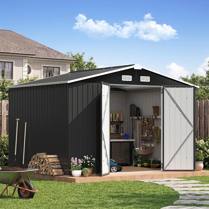 10x8FT Outdoor Storage Shed Black | Metal Garden Tool Shed with Sloping Roof & Lockable Door for Garden, Patio, Backyard