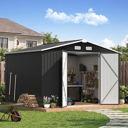 10x8FT Outdoor Storage Shed Black | Metal Garden Tool Shed with Sloping Roof & Lockable Door for Garden, Patio, Backyard