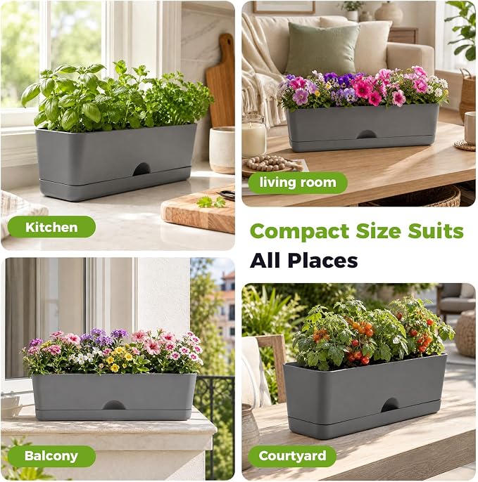 6 Pack Rectangle Planter 16x4.4 Inch Window Boxes Planters Rectangular Window Sill Planters Indoor Self Watering Plant Pots with Drainage Holes and Saucers Succulent Herb Flower Pots, Dark Grey