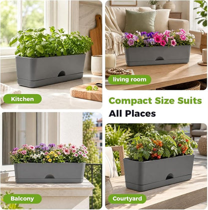 6 Pack Rectangle Planter 16x4.4 Inch Window Boxes Planters Rectangular Window Sill Planters Indoor Self Watering Plant Pots with Drainage Holes and Saucers Succulent Herb Flower Pots, Dark Grey