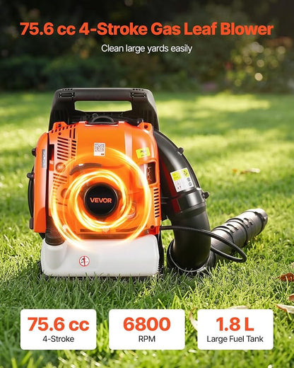 VEVOR Backpack Leaf Blower, 75.6CC 4-Stroke Engine Gas Powered Leaf Blower with 1.8L Fuel Tank, 615 CFM Air Volume, 179 MPH Air Speed, Ideal for Lawn Care, Leaves Cleaning, Yard Debris & Snow Removal | 1.8L Fuel Tank, 615 CFM Air Volume, 179 MPH Air Sp...