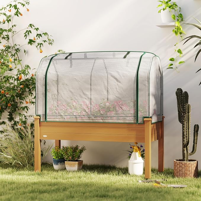 Outsunny Raised Garden Bed with PE Greenhouse Cover Outdoor Elevated Wood Planter Box for Herbs and Vegetables, Use for Patio, Backyard, Balcony, 48 x 22 x 46 inch, Sand