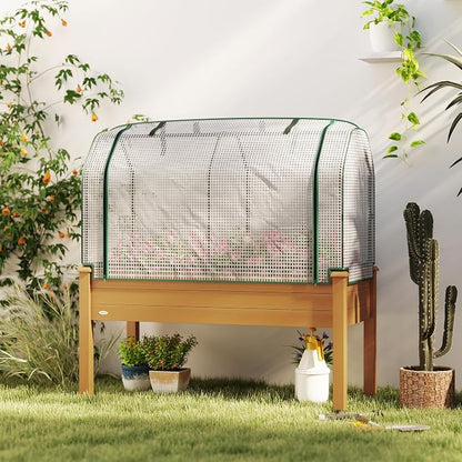 Outsunny Raised Garden Bed with PE Greenhouse Cover Outdoor Elevated Wood Planter Box for Herbs and Vegetables, Use for Patio, Backyard, Balcony, 48 x 22 x 46 inch, Sand