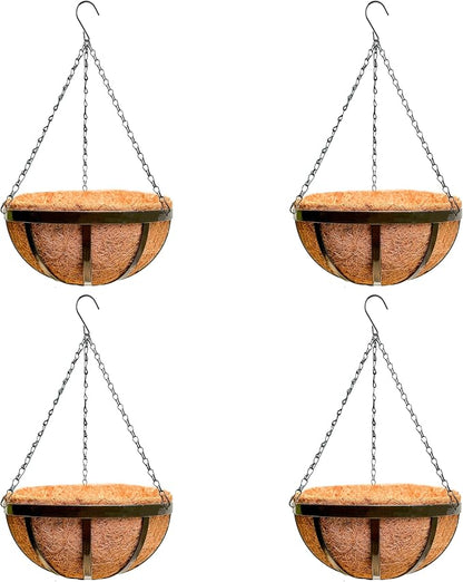 LaLaGreen Outdoor Hanging Baskets for Plants (16 Inch, 4 Pack) Black Large Hanging Planter with Coco Liner, Flat Iron Plant Pot Metal Flower Pots Deck Patio Porch Garden Balcony Outside Decoration