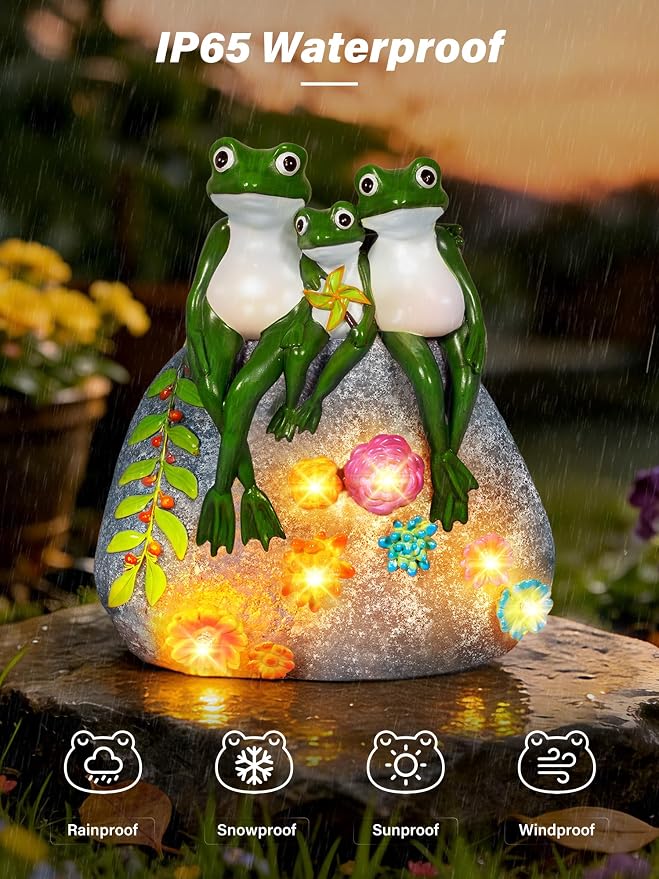 Guhope Solar Garden Statues, Outdoor Frog Decor with Succulent and 6 LED Lights, Outside Yard Figurine Decor for Garden, Lawn, Patio, Balcony, Porch, Unique Gifts for Mom Grandma