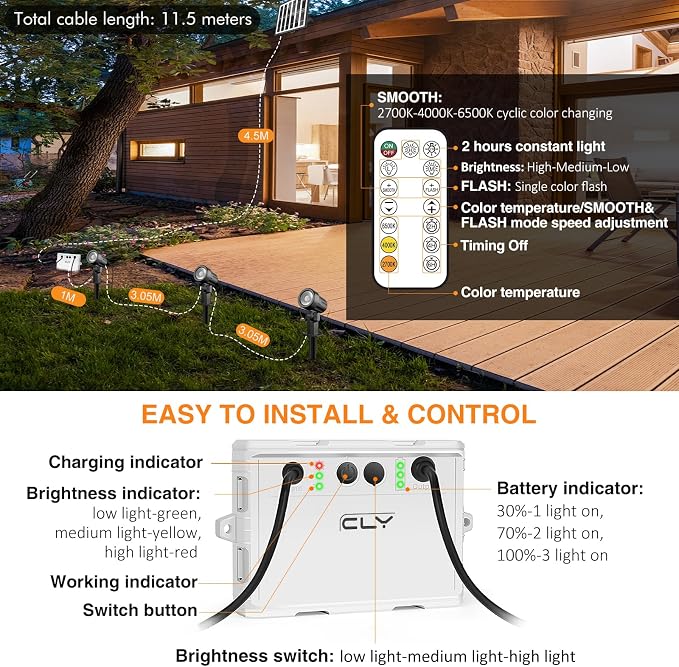 Cly Solar Landscape Spotlights, Solar Lights Outdoor IP66 Waterproof, Remote Control 2 Dynamic Modes 3 Brightness Adjustable 2700-6500K Auto On/Off 11M Cable for Garden Pathway Trees Flag 3 in 1