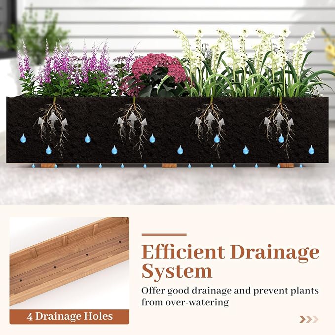 HAPPYGRILL Raised Garden Bed, 44" x 11" x 10" Wood Flower Planter Box w/4 Drainage Holes, Black Liner for Containing Soil, Indoor Outdoor Wooden Elevated Garden Bed for Vegetable Flower Herb, Orange