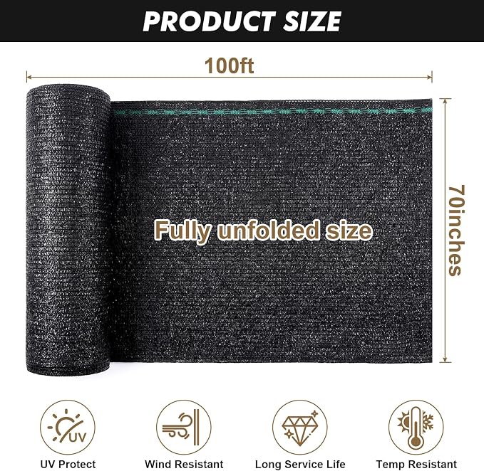 Artpuch 70% Black Garden Shade Cloth Roll for Plants, Sun Shade Cover Fabric Roll with UV Block Shades Netting Mesh Privacy Fence Screen for Greenhouse, Backyard, Patio, 5'10" x 100 FT