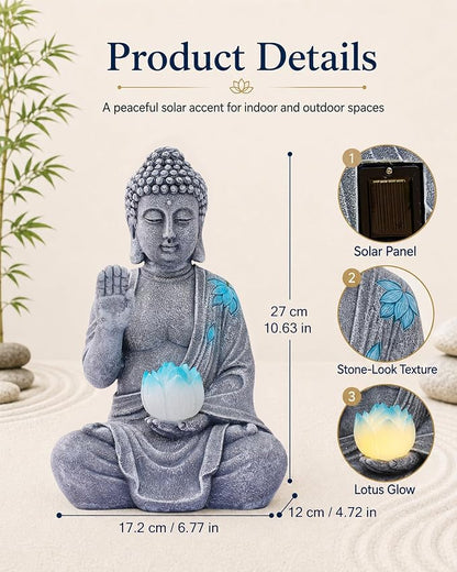 Nacome Solar Buddha Garden Statue Decor: Sitting Resin Figurine with Lotus Flower Light Zen Sculpture for Patio Lawn Yard Porch Balcony Meditation Space - 10.6 inches(Grey)