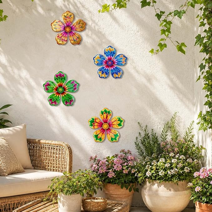 4-Pack Metal Flower Wall Decor, Outdoor Fence and Garden Art | Outdoor Wall Decor art, Easy To Hang, Ideal for outdoor fences, gardens, patios, yards and exterior walls