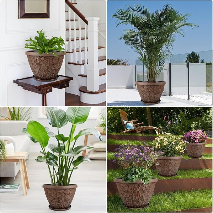 Nooulap 4 Pack Flower Pots Outdoor, 10 Inch Plant Pot with Drainage Hole & Tray, Thickened Plastic Planters for Indoor Outdoor Plants, Lightweight Brown Decorative Garden Pot with Saucer