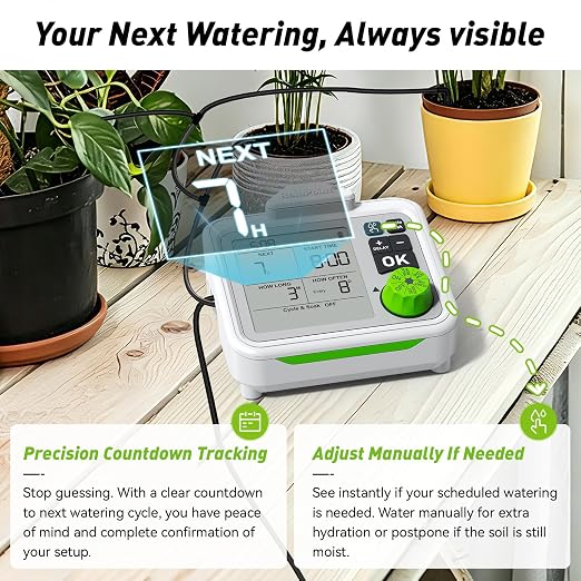 RAINPOINT Large Display Automatic Plant Waterer Indoor for Pot Plant,Cycle & Soak Mode Vacation Self Watering Drip Irrigation System Device Kit Herb Garden Greenhouse Grow Tent Water 10-15 Plants