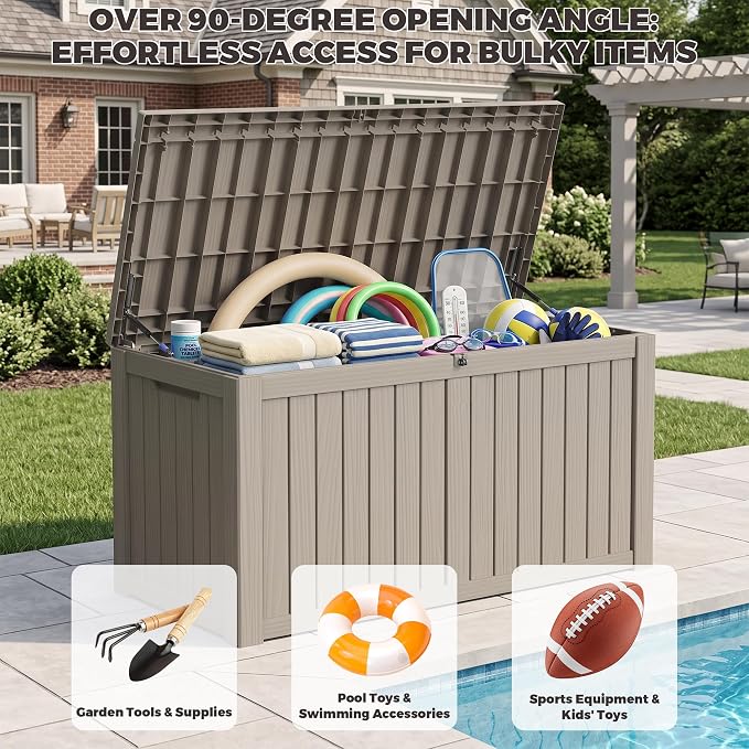 Outdoor Storage Box, 180 Gallon Waterproof Deck Box [Upgraded 3.1], Large Resin Storage with Hydraulic Gas Lifts for Cushions, Lawn Mower Tools Chest Bench, Large Backyard, Grey