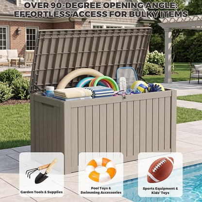 Outdoor Storage Box, 180 Gallon Waterproof Deck Box [Upgraded 3.1], Large Resin Storage with Hydraulic Gas Lifts for Cushions, Lawn Mower Tools Chest Bench, Large Backyard, Grey