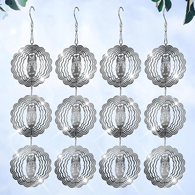 Owl Bird Deterrents for Outside,3D Stainless Steel Wind Spinners Outdoor Decor,Reflective Bird Scare Discs Set,Shiny Bird Reflectors to Keep Woodpecker Pigeon Away from House Patio Yard Porch