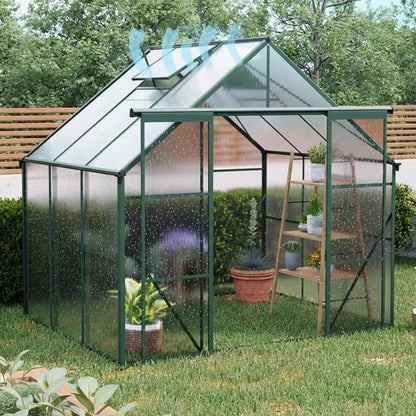 8x6 FT Greenhouse, Walk-in Polycarbonate Greenhouses with Double Sliding Doors, Aluminum Frame, Adjustable Roof Vent, Raised Base & Anchor, Outdoor Backyard Greenhouse for All Seasons, Green