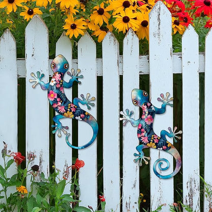 Metal Gecko Outdoor Decor -2 Pack 11.8 inch Metal Lizard Wall Hanging Sculpture Decoration for Indoor or Outdoor, Garden Yard Fence Porch Wall Decor, Gift for Mom Dad Friends (Blue)