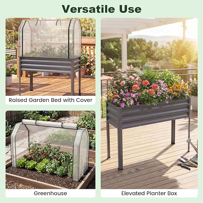 Giantex Raised Garden Bed with Legs & Greenhouse Cover, 44x22x60 Elevated Metal Planter Box with Roll-up Door, Outdoor Mini Greenhouse for Vegetable Flower Herb Patio Balcony (Gray,2)