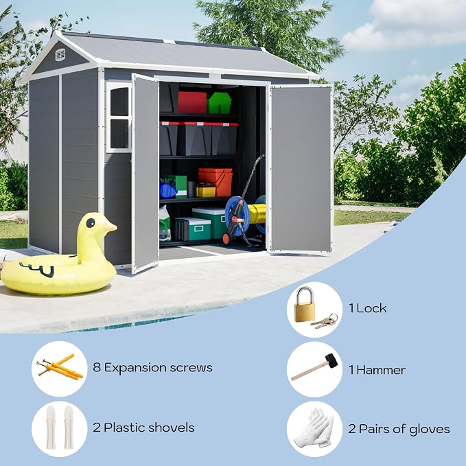 PVWIIK 8x6 ft Resin Outdoor Storage Shed with Floor & Window, Lockable Waterproof All-Weather Utility Shed for Garden Tools & Trash Bins, Gray-White