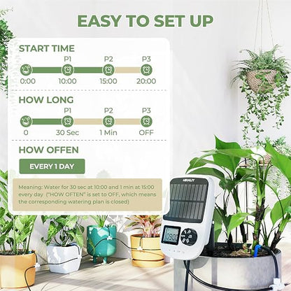 HIRALIY Solar Drip Irrigation System with Timer, Automatic Plant Watering Kit with USB Backup, 12 Drip Emitter Stakes, 40FT Tubing, Water Shortage Alarm for Potted Plants, Patio & Indoor Use
