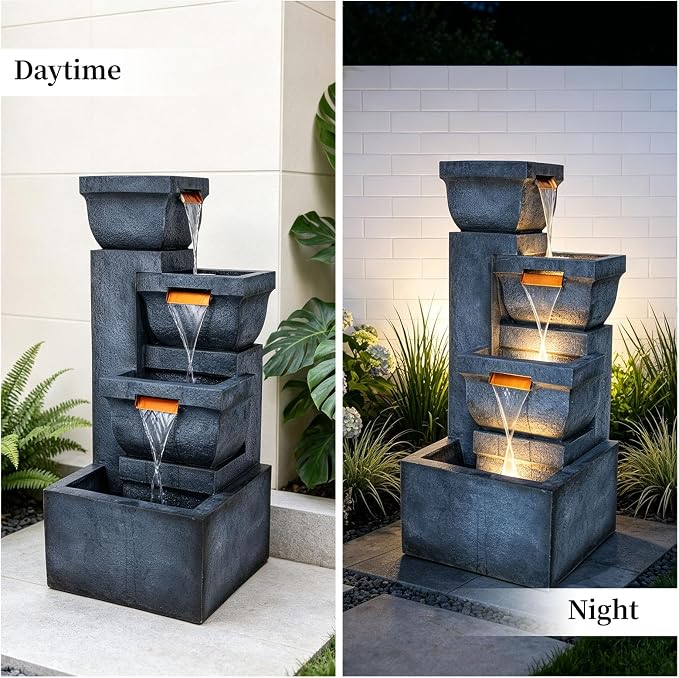 Large Outdoor Fountains, 4-Tier Garden Fountain with LED Lights, Cascading Waterfall Floor Standing Water Feature for Patio Yard Backyard