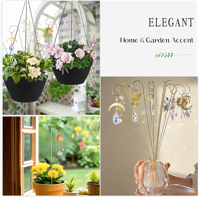 6PCS Small Trellis with Crystal Sun Catchers for Mini Potted Plants Gifts | Sun & Moon Styles,13.5'' Fairy Garden Plant Stakes Suncatchers,Indoor Plant Accessories Decor,Gift for Gardening Enthusiasts