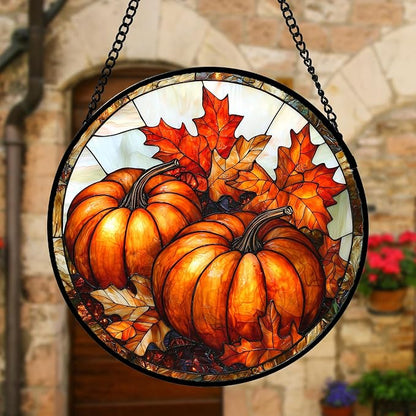 DASTOLL Stained Glass Window Hanging, Pumpkin Maple Leaf Suncatcher for Doors Home Sun Catchers Decoration and Christmas, Mother's Day Birthday Gifts for Women, Men, and Mom 9.8 in