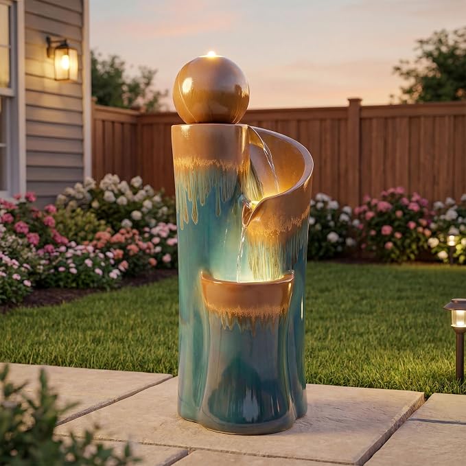 32" Ceramic Outdoor Water Fountain w/LED, Teal & Copper Water Feature | high-fired ceramic water fountain outdoor garden decor, lighted cascading waterfall, tranquil oasis for patio, yard, porch