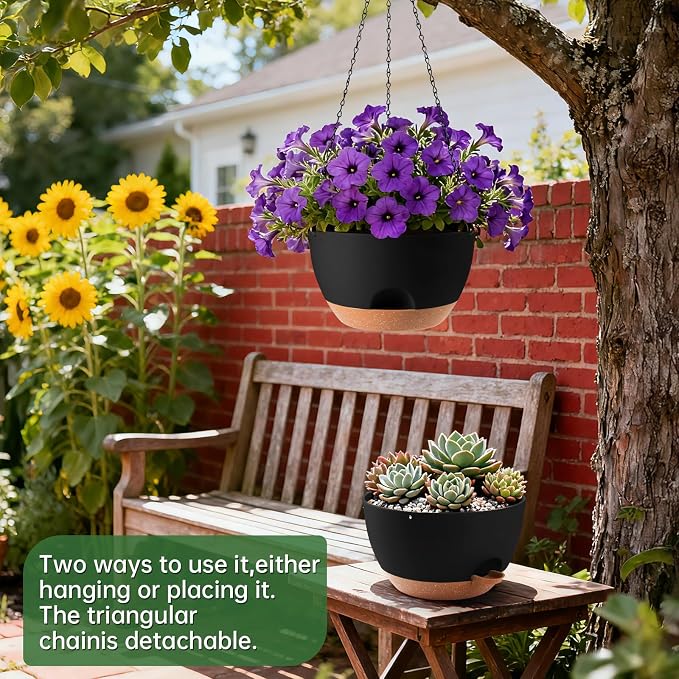 13-inch Oversized Hanging Planter Set of Two,Planters for Indoor and Outdoor Plants.Place Plant pots Across Diverse Settings Including windowsills,Living Room,and Gardens.Black-Brown
