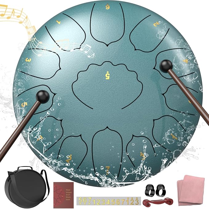 D Major Steel Tongue Drum Handpan, 12 Inch 13 Note Rain Drum for Garden Outside, Meditation Rain Chime, Musical Percussion Instrument for Adult Gift with Bag, Music Book, Drum Mallets (Moss Blue)