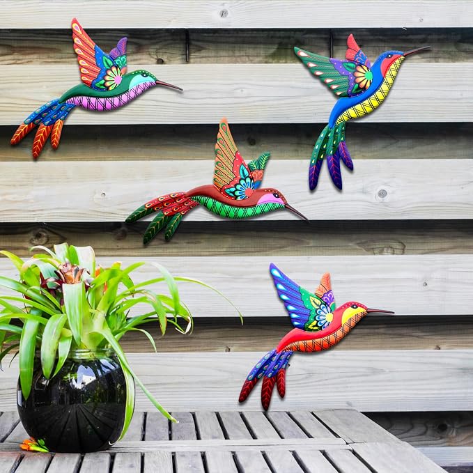 Outdoor Metal Wall Art - 3D Metal Hummingbird Wall Decor - Fence Decorations Outdoor - Decorations for Garden Fence Backyard Bedroom Patio Living Room,Gift for Family Friends(4 Pack)