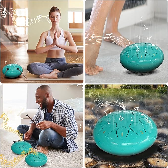 Rain Drum for Outside Garden, 6 Inches 8 Notes Steel Tongue Chakra Drums, Waterproof Meditation Rain Chime, Musical Instruments for Adult Gift with Bag, Music Book, Drum Mallets (Blue)