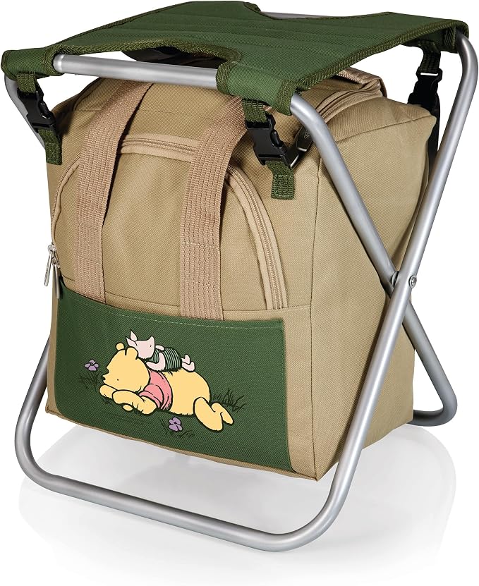 PICNIC TIME Disney Winnie the Pooh Gardener Folding Seat with Tools, Folding Garden Stool with Detachable Tote and Hand Tool Set Organizer, Portable Gardening Chair, (Olive Green with Beige Accents)