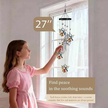 YU FENG Hummingbird Wind Chime, Orange Flower Memorial Suncatcher | 27 Inch Metal Wind Chime, Colorful Flower Design, Sympathy Gift For Women Mom Grandma, Outdoor Garden Decoration