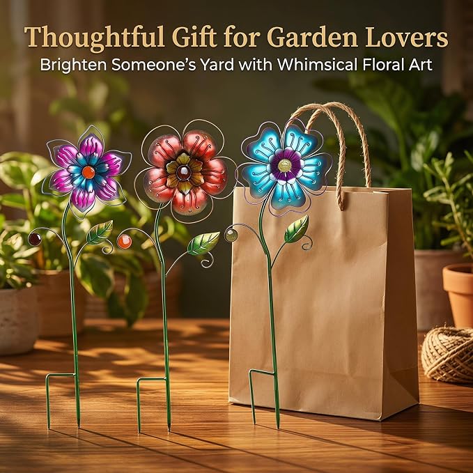 Garden Stake Outdoor Plant Pick Cute Metal Flower Stick Art Ornament Decor Lawn Yard Patio,3 Set