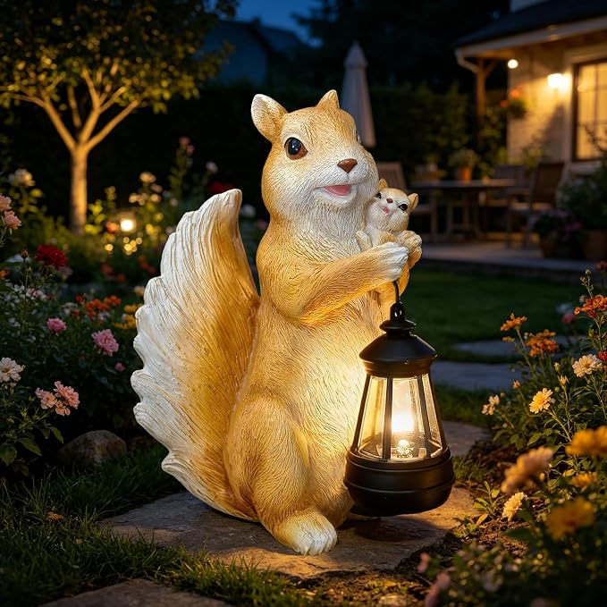 Solar Garden Statues Outdoor Decor – Cute Squirrel Statue with LED Lights, Waterproof Animal Figurine Lawn Ornament for Yard, Patio or Porch, Garden Decor Gift for Women & Mom