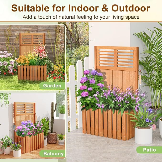 HAPPYGRILL Raised Garden Bed, Wooden Planter w/Trellis & Privacy Screen for Hanging Pot Plants, Outdoor Elevated Planter Box w/Slatted Bottom & 2 Side Hooks for Balcony Patio Garden (1)