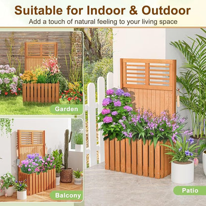 HAPPYGRILL Raised Garden Bed, Wooden Planter w/Trellis & Privacy Screen for Hanging Pot Plants, Outdoor Elevated Planter Box w/Slatted Bottom & 2 Side Hooks for Balcony Patio Garden (2)