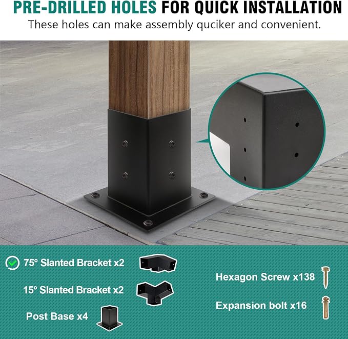 Pergola Brackets, 75° Pergola Brackets 15° Corner Bracket with Post Base Gazebo Kit for 4x4'' (Actual 3.5x3.5 in) Wooden Beams Lumber Gazebos Patio Sheds