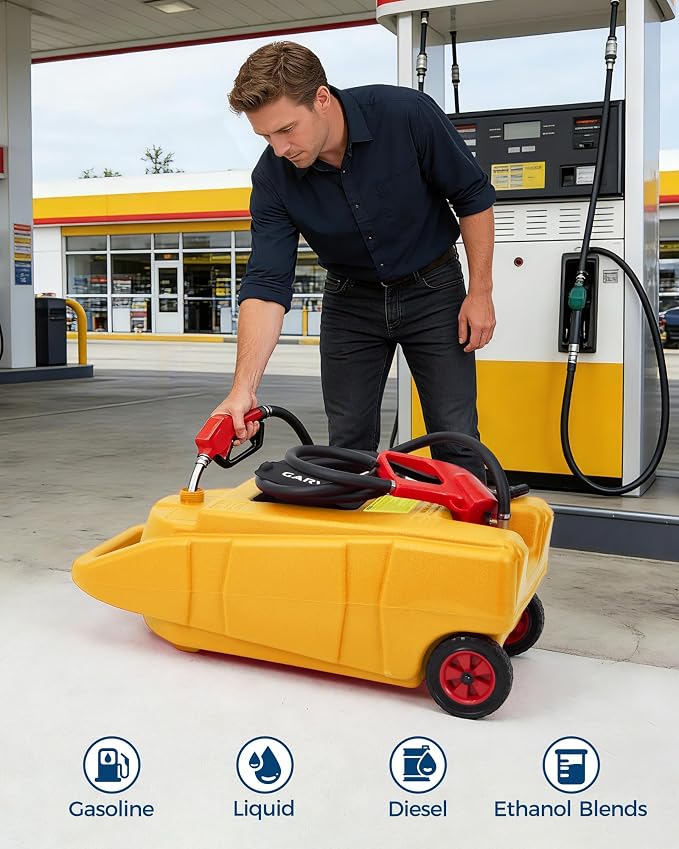Garvee Slim 15 Gallon Portable Gas Tank, Heavy-Duty Fuel Caddy with Manual Transfer Pump &10FT Hose, Portable Gas Can with Casters, Leak-Proof Gas Container for Lawn Mowers, Tractor, Boat, Snow Blow