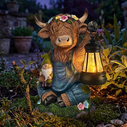 Solar Highland Cow Statue with LED Light - 6.6" Resin Scottish Cow Lantern Figurine, Farmhouse Animal Garden Decor for Pasture Patio Lawn Yard Outdoor Indoor, Housewarming Easter Gift for Women Mom