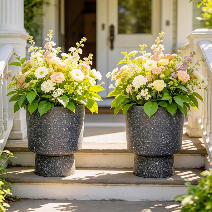 2-Pack 16.8" Black Terrazzo Pedestal Planters with Drainage Holes | Set of 2 PP pedestal planters with black terrazzo finish, drainage plugs, and weather-resistant surface for porch or patio