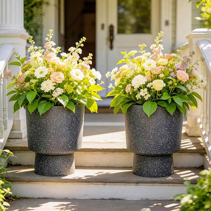 2-Pack 16.8" Black Terrazzo Pedestal Planters with Drainage Holes | Set of 2 PP pedestal planters with black terrazzo finish, drainage plugs, and weather-resistant surface for porch or patio