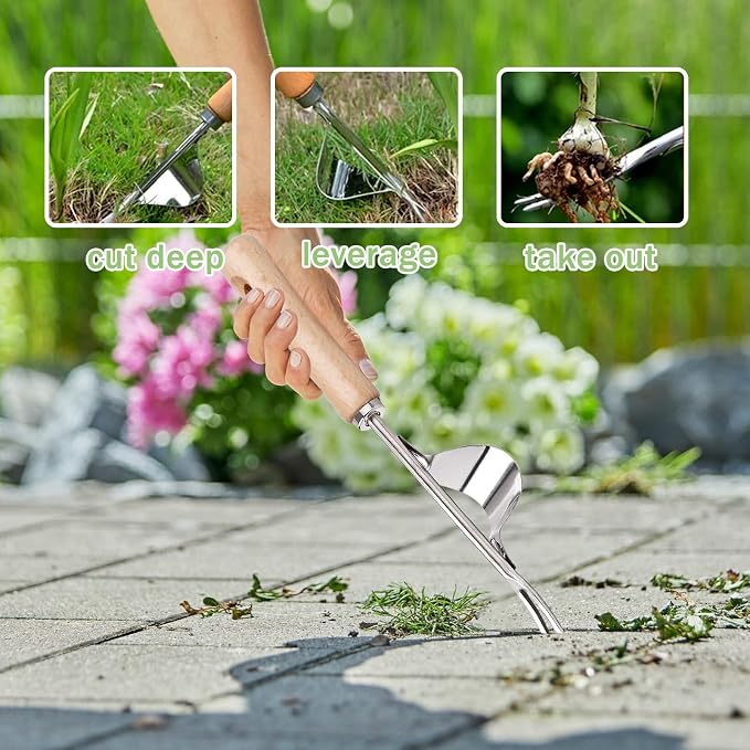 Crack Weeder Tool, Crevice Weeding Moss Brush with 2 Heads&Scraping Hook, A Hand Puller Tool, Moss Remover with Steel Handle for Cleaning Paving Joint Paver Sidewalk Patio Stone Driveway Deck