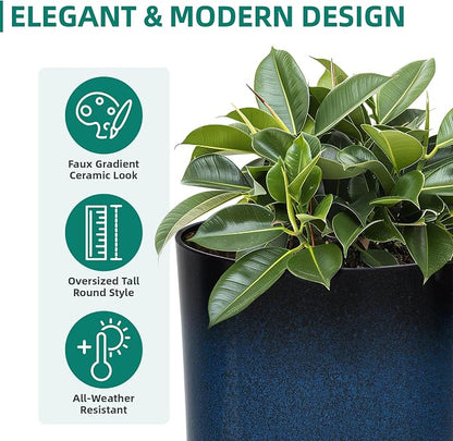 23.75" Cobalt Blue Plastic Tall Outdoor Planters with Drainage Holes | Set of 2 PP tall planters with cobalt gradient finish, drainage plugs, and UV-treated surface for porch, patio, or indoors