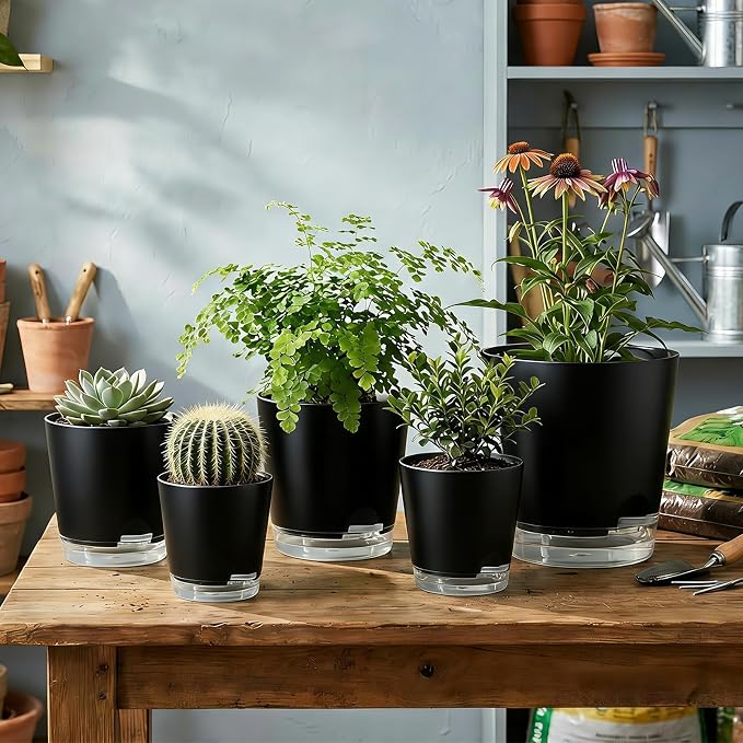 GARDIFE 2026 Upgraded Self Watering Plant Pots with Drainage Hole, 7/6.5/6/5.5/5/4 Inch Flower Planting Containers for House Plants, African Violet, Flowers, Cactus (Black, 7+6.5+6+5.5+5+4 inch)