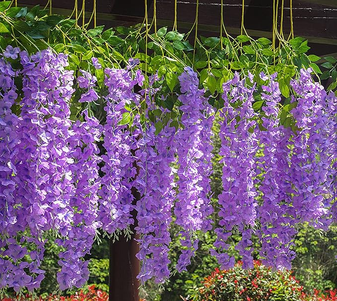 Artificial Flowers Hanging Flowers, Fake Garland Silk Vines Rattan String Decor for Home Wedding Arch Wall Garden Greenery Bedroom Outdoor Office Party Decoration (12, Purple)