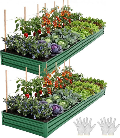 YITAHOME 2pcs 12x4x1ft Galvanized Raised Garden Bed, Metal Planter Box with Safety Rubber, Gloves, Outdoor Flower Bed for Planting Plants Vegetables, Green