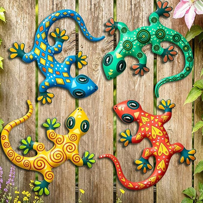 Metal Gecko Wall Decor- 8.7 inches Outdoor Lizards Decoration for Garden Backyard Fence Patio(4 Pack)